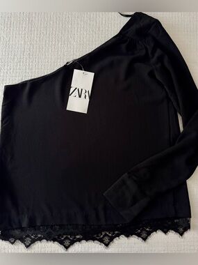 Zara One Shoulder Blouse Womens Small Black Lace Trim NWT Long Sleeve Dressy Top